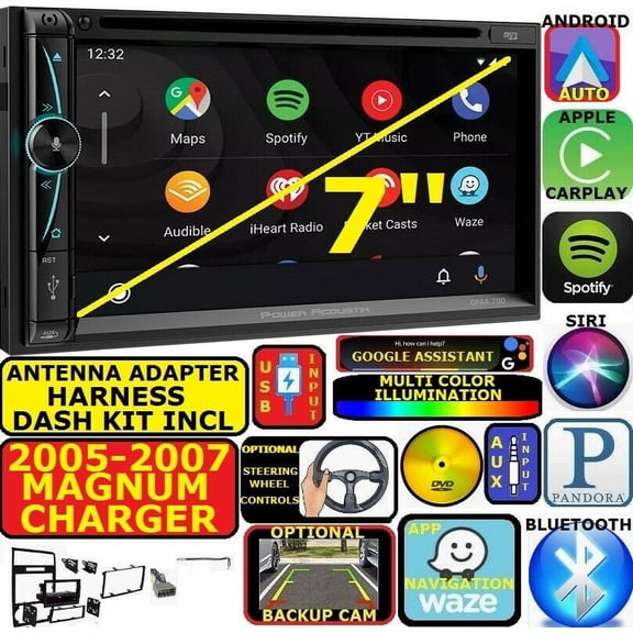 05-07 DODGE MAGNUM CHARGER APPLE CARPLAY NAVIGATION (works with IPHONE) AM/FM USB/BLUETOOTH CAR RADIO STEREO PKG. INCL. VEHICLE HARDWARE: DASH KIT, WIRE HARNESS, AND ANTENNA ADAPTER WHEN REQIRED.