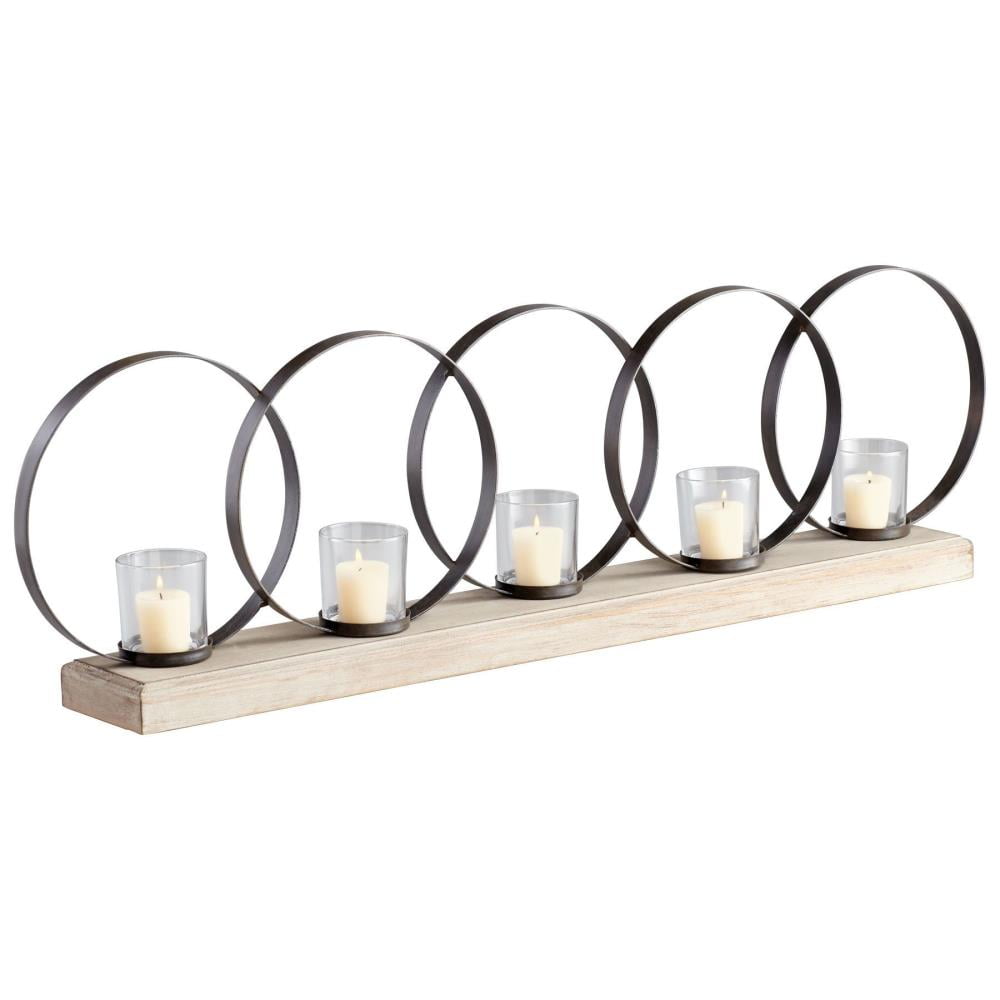 Modern Geometric 39'' Raw Iron & Natural Wood 5-Candle Candelabra