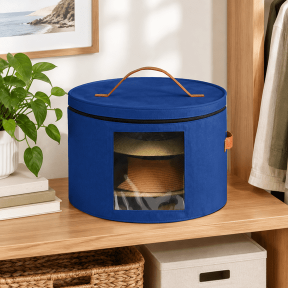 06-Blue 16.5" D x 10.5" H Foldable Round Hat Storage Container for Closet Travel