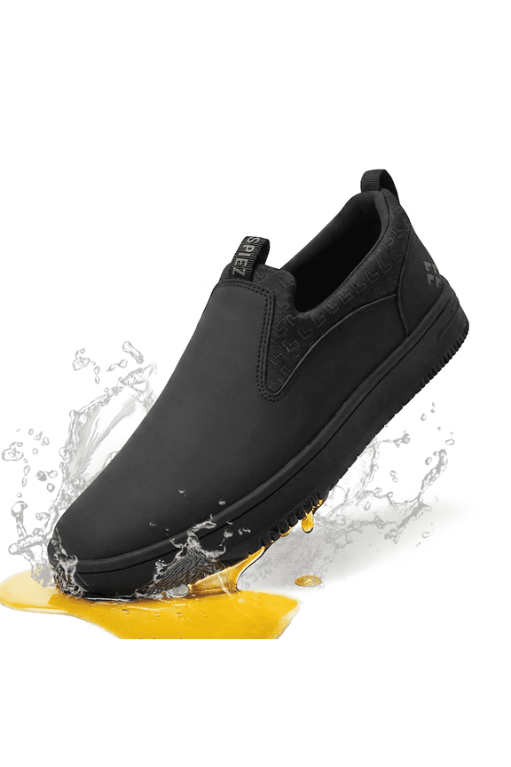 ® Men's Non Slip Shoes,Slip Resistant Work Shoes,Waterproof Slip On Work Sneakers for Server|Kitchen|Healthcare|Retail Workers-Black,Size 9.5