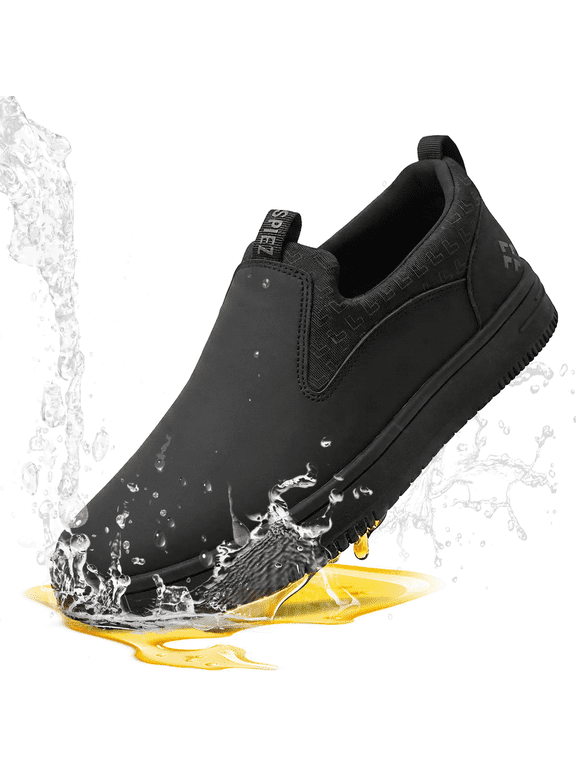 ® Men's Non Slip Shoes,Slip Resistant Work Shoes,Waterproof Slip On Work Sneakers for Server|Kitchen|Healthcare|Retail Workers-Black,Size 10