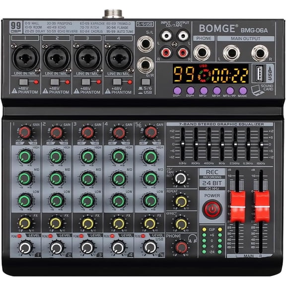 06A Professional 6 Channel DJ Audio Mixer, DJ Controller Sound Mixer with 99 DSP Effects,7-band EQ Independent 48V Bluetooth USB Interface Recording for Studio Stage Party Home Recording