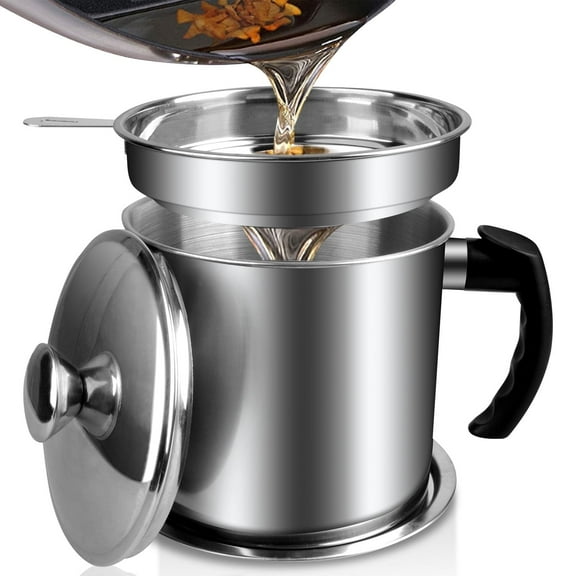 Bacon Grease Container with Strainer, 61oz/1.8L Stainless Steel Oil Container Grease Can with Snug Lid&Coaster Tray, Grease Saver Cooking Oil Keeper for Kitchen Storing Frying Cooking Grease