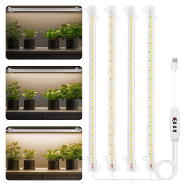 Plant Grow Light 4 Head, 6000K Full Spectrum Grow Lamp for Indoor Plants with 3/9/12H Timer & 10 Dimmable Levels, 13 inch LED Grow Light Strips Plant Light for Green House Hydroponics Succulent