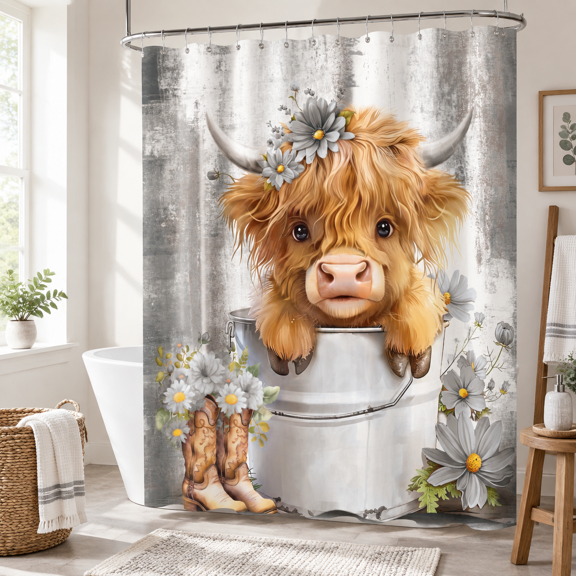 06grey 72"W x 72"L (Pack of 1) Highland Cow Western Rustic Farm Polyester Shower Curtain
