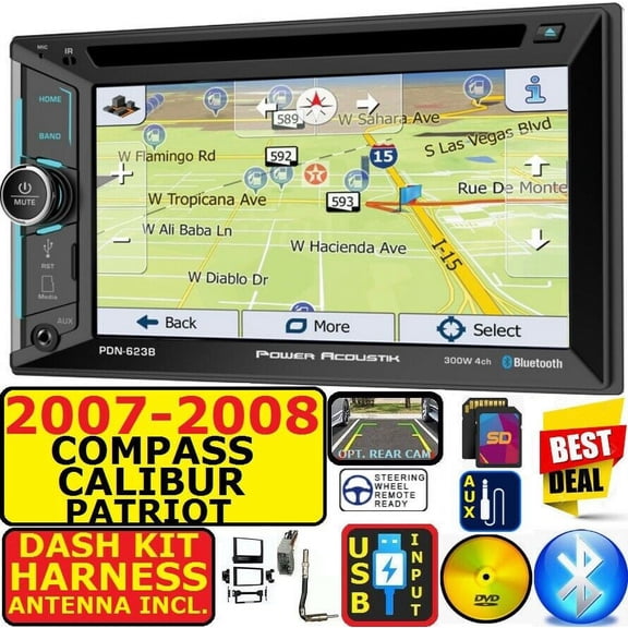 07 08 COMPASS CALIBER PATRIOT CD/DVD USB BLUETOOTH CAR RADIO STEREO PKG WITH OPT SIRIUSXM SATELLITE RADIO. INCL VEHICLE INSTALLATION HARDWARE DASH KIT, WIRE HARNESS, AND ANTENNA ADAPTER
