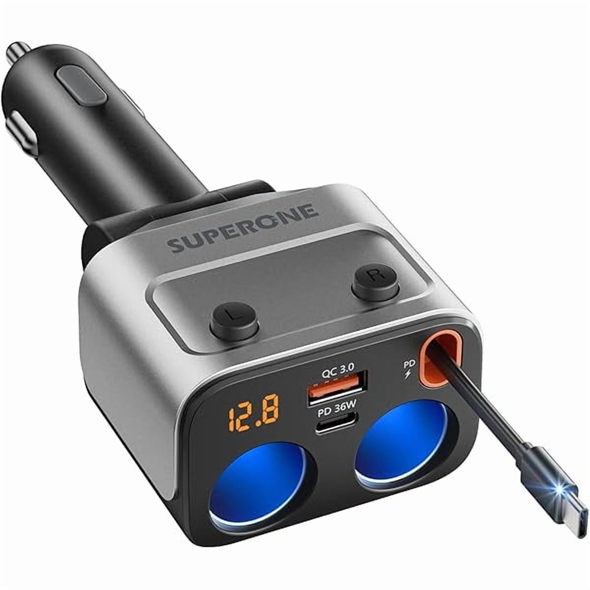 0829 180W Cigarette Lighter Splitter w/Retractable 36W USB-C Cable