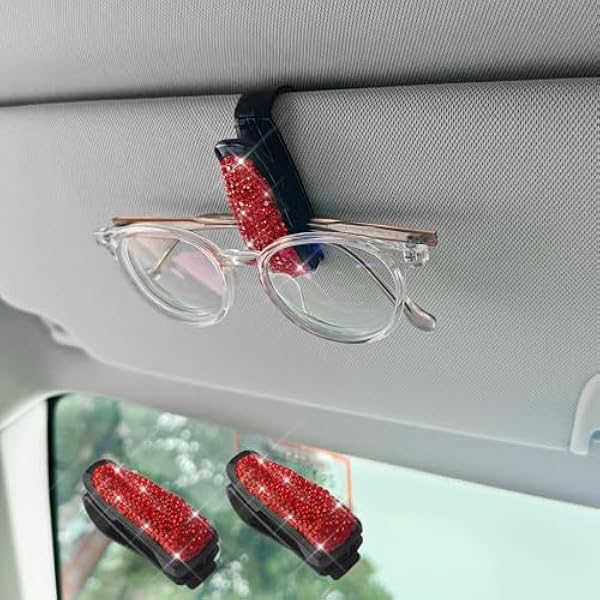 Ziciner 2-Pack Bling Crystal Glasses Holder For Car Sun Visor - Eyeglasses Clip With Ticket Clip, Universal Fit