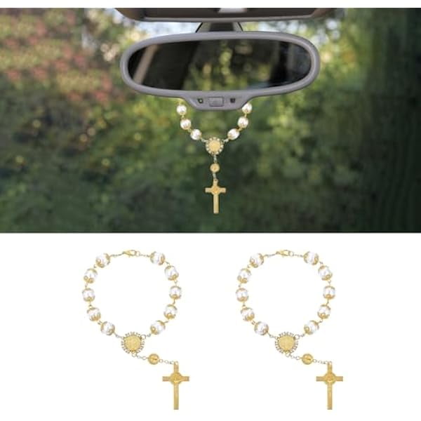 Car Rosary For Rearview Mirror – Catholic Cross Beads Pendant, Pink, Glass & Alloy, 9.05 Inches, Blessing Decor