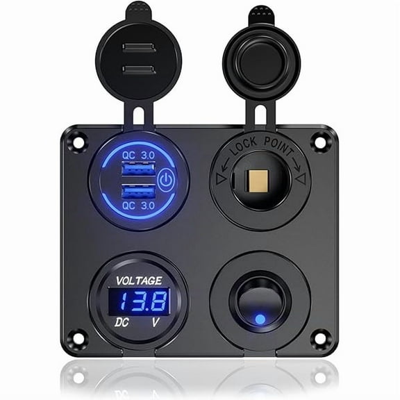 0829 4 in 1 12V Outlet Charger Socket Panel, 36W Power Dual QC 3.0 USB Car Charger Outlet Socket, Cigarette Lighter Socket with LED Voltmeter Rocker Toggle Switch for Car Boat RV Truck