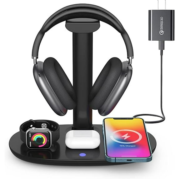 0829 Headphone Stand with 15w Wireless Charger, 4 in 1 Charging Station Headset Holder for AirPods Max/Pro/4/3/2 iWatch 10/9/8/7/6/5/4/3/2/1/SE iPhone 16/15/14/13/12/11/X for Desktop Table Game