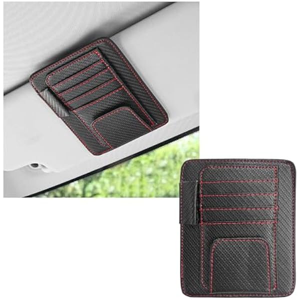 Universal Car Sun Visor Organizer – PU Leather Document Holder With Sunglasses Clip & Card Slots For Bills, License & Pen (Black)