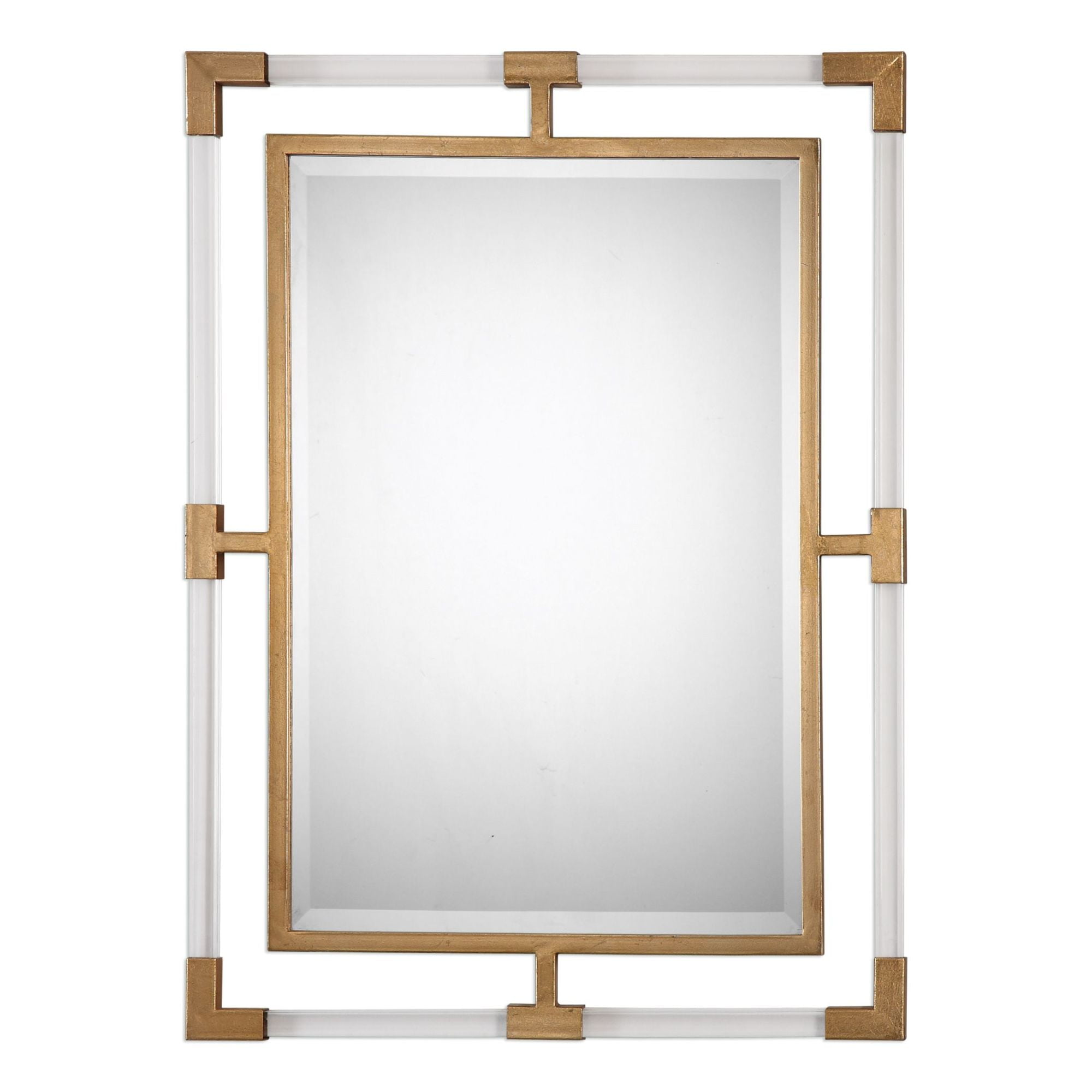 Transitional Gold Leaf Rectangular Wall Mirror with Clear Acrylic Bars