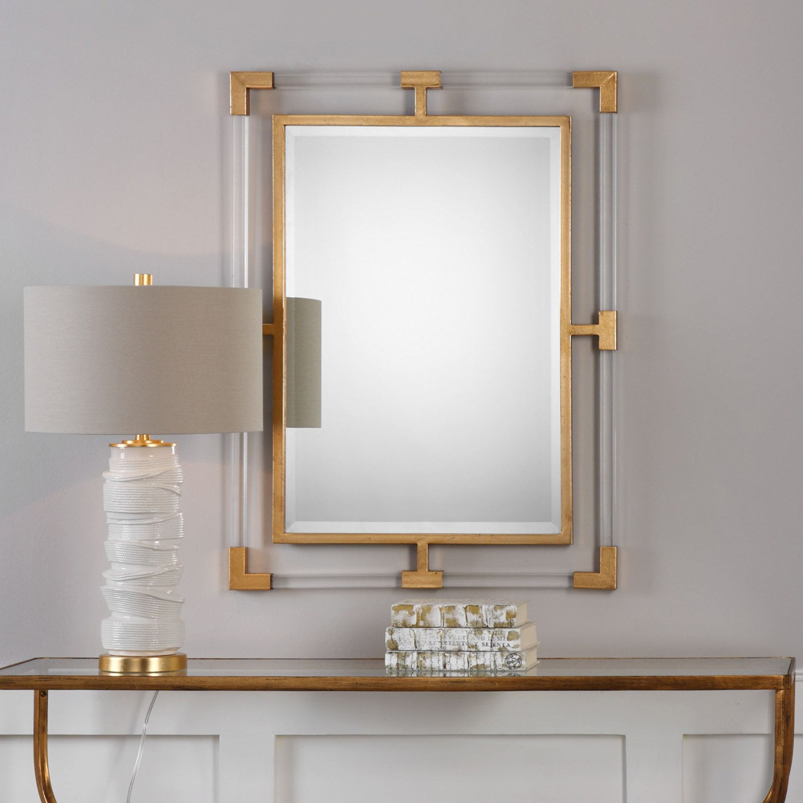 Transitional Gold Leaf Rectangular Wall Mirror with Clear Acrylic Bars
