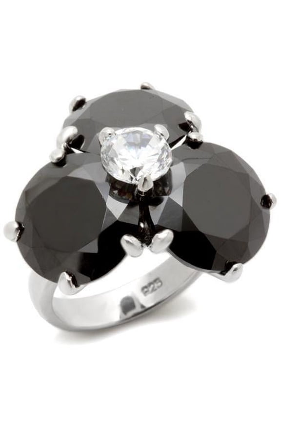 0W269 - Rhodium Brass Ring with AAA Grade CZ in Jet