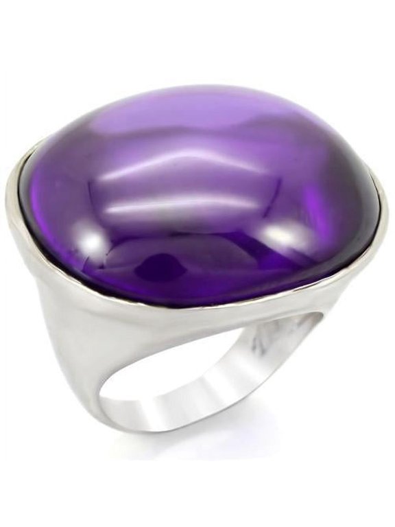 0W345 - Rhodium Brass Ring with Genuine Stone in Amethyst