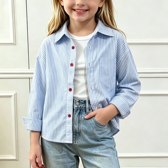 0Y-10Y Girls Button Down Shirts Striped Classic Casual Long Sleeve Collared Girls Western Shirt Light Blue-A