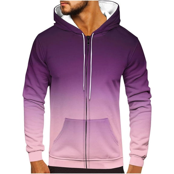 QUINDOS Mens Sweatshirts Zip up Gradient Color Full Zip Quilted Hoodies for Men Long Sleeve Casual Pullover Tops Kangaroo Pocket