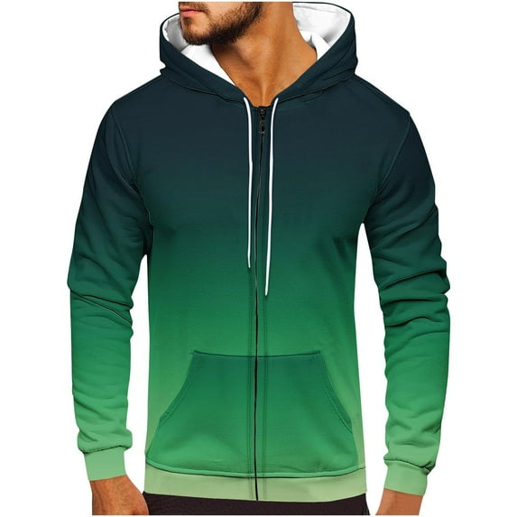 QUINDOS Mens Sweatshirts and Tops Gradient Color Full Zip Mens Hoodies Y2K Long Sleeve Casual Pullover Tops Kangaroo Pocket