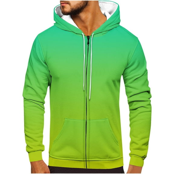 QUINDOS Sweatshirts for Men Hunting Gradient Color Full Zip Hoodies for Men Work Long Sleeve Casual Pullover Tops Kangaroo Pocket