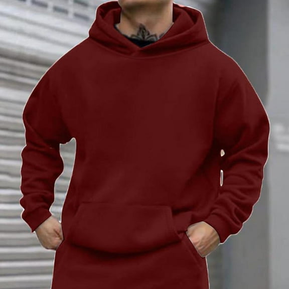 QUINDOS Mens Sweatshirts Athletic Cotton Solid Color Mens Hoodies Fleece Long Sleeve Casual Pullover Tops Kangaroo Pocket