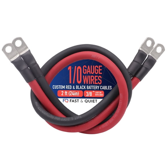 1/0 AWG Battery Cables with Terminals, Positive and Negative Wires Pure Copper, Solar Power Inverter, Welding, Golf Cart, Motorcycle (Red and Black, 2 FT (24 in), 3/8" Lugs on Both Ends, 2pcs)