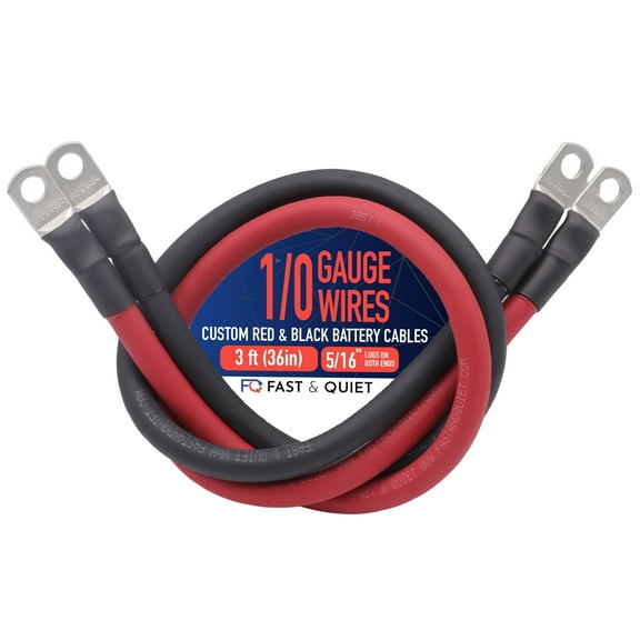 1/0 AWG Battery Cables with Terminals, Positive and Negative Wires Pure Copper, Solar Power Inverter, Welding, Golf Cart, Motorcycle (Red and Black, 3 FT (36 in), 5/16" Lugs on Both Ends, 2pcs)