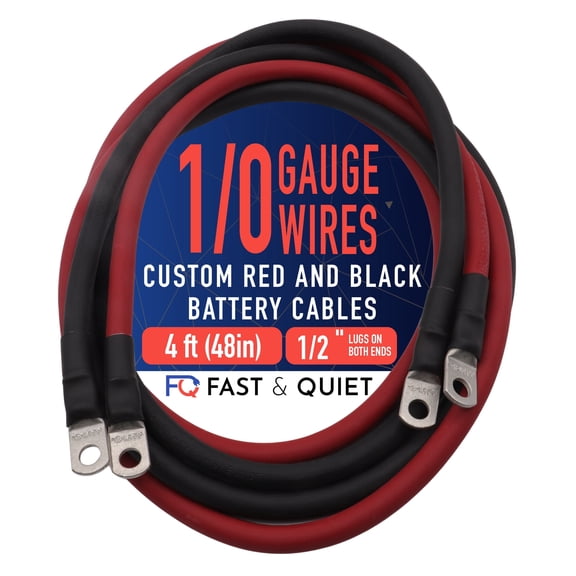 1/0 AWG Battery Cables with Terminals, Positive and Negative Wires Pure Copper, Solar Power Inverter, Welding, Golf Cart, Motorcycle (Red and Black, 4 FT (48 in), 1/2" Lugs on Both Ends, 2pcs)