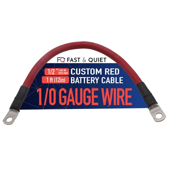 1/0 AWG Battery cable with Terminals, Pure Copper Wire, Auto, Solar Inverter, Welding, Golf Cart Battery Cable, Lawn Mower, Motorcycle (Red Wire, 1 FT (12 in), 1/2" Lugs on Both Ends, 1pc)