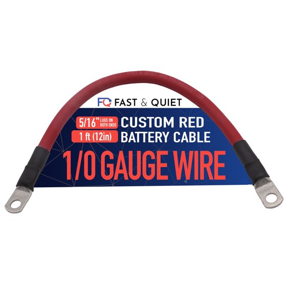 1/0 AWG Battery cable with Terminals, Pure Copper Wire, Auto, Solar Inverter, Welding, Golf Cart Battery Cable, Lawn Mower, Motorcycle (Red Wire, 1 FT (12 in), 5/16" Lugs on Both Ends, 1pc)