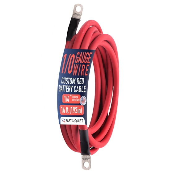 1/0 AWG Battery cable with Terminals, Pure Copper Wire, Auto, Solar Inverter, Welding, Golf Cart Battery Cable, Lawn Mower, Motorcycle (Red Wire, 16 FT (192 in), 1/4" Lugs on Both Ends, 1pc)