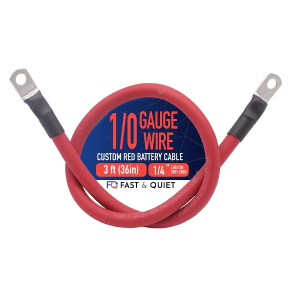 1/0 AWG Battery cable with Terminals, Pure Copper Wire, Auto, Solar Inverter, Welding, Golf Cart Battery Cable, Lawn Mower, Motorcycle (Red Wire, 3 FT (36 in), 1/4" Lugs on Both Ends, 1pc)