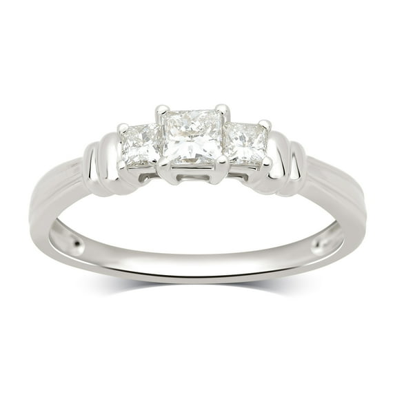 1.0 Carat T.W. Princess Diamond 14K White Gold 3 Stone Engagement Ring. (J/I2-I3)
