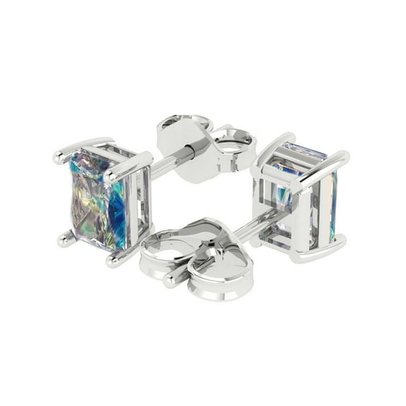 1.0 Ct Emerald Cut Studs Blue Moissanite 14K White Solid Solid Gold Everyday Dainty Earrings Push Back