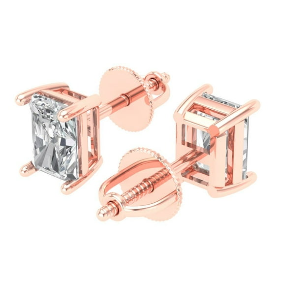 1.0 Ct Emerald Cut Studs Clear Crystal 14K Rose Solid Gold Everyday Dainty Earrings Screw Back
