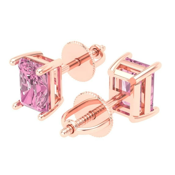 1.0 Ct Emerald Cut Studs Pink Crystal 18K Rose Solid Gold Everyday Dainty Earrings Screw Back