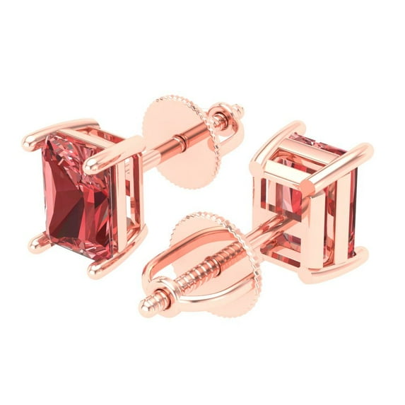 1.0 Ct Emerald Cut Studs Red Natural Garnet 18K Rose Solid Solid Gold Everyday Dainty Earrings Screw Back