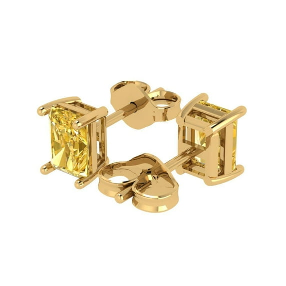 1.0 Ct Emerald Cut Studs Yellow Crystal 18K Yellow Solid Gold Everyday Dainty Earrings Push Back