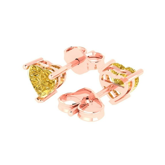 1.0 Ct Heart Cut Studs Yellow Crystal 14K Rose Solid Gold Everyday Dainty Earrings Push Back