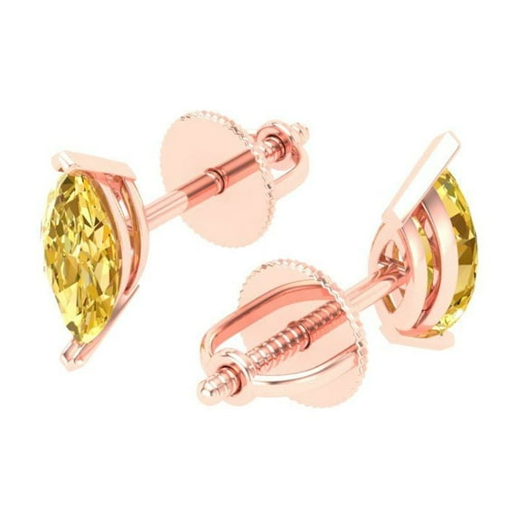 1.0 Ct Marquise Cut Studs Yellow Crystal 18K Rose Solid Gold Everyday Dainty Earrings Screw Back