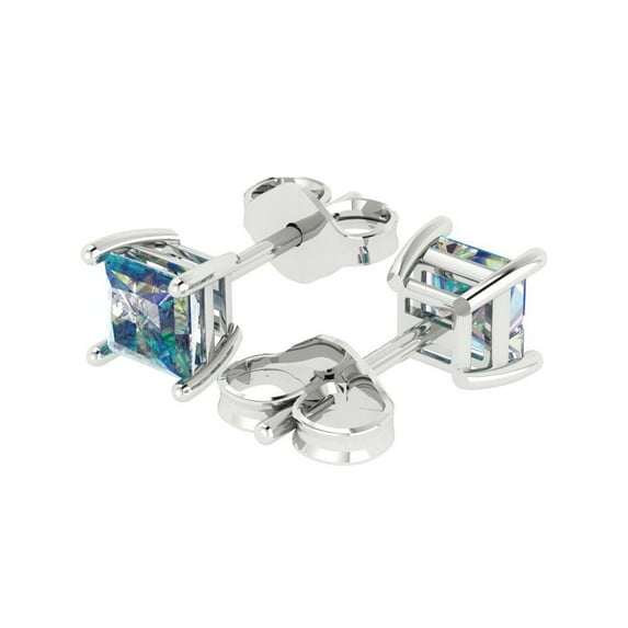 1.0 Ct Princess Cut Studs Blue Moissanite 14K White Solid Solid Gold Everyday Dainty Earrings Push Back