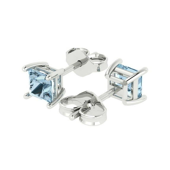 1.0 Ct Princess Cut Studs Blue Crystal 14K White Solid Gold Everyday Dainty Earrings Push Back