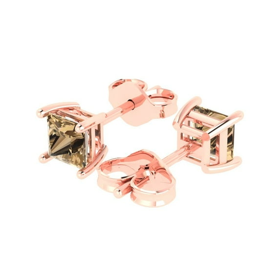 1.0 Ct Princess Cut Studs Champagne Crystal 14K Rose Solid Gold Everyday Dainty Earrings Push Back