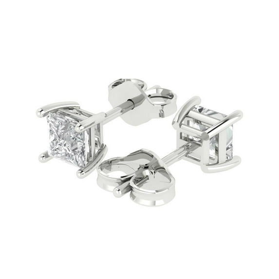 1.0 Ct Princess Cut Studs Clear Crystal 14K White Solid Gold Everyday Dainty Earrings Push Back