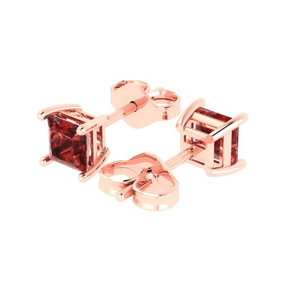 1.0 Ct Princess Cut Studs Red Natural Garnet 14K Rose Solid Solid Gold Everyday Dainty Earrings Push Back