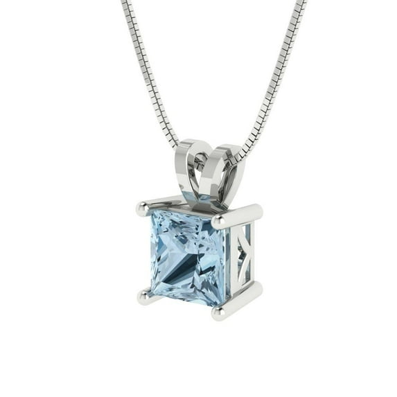 1 cctw Simulated Blue Diamond White Gold Plated Pendant with 18" Box Chain (5.5mm, Princess Cut)