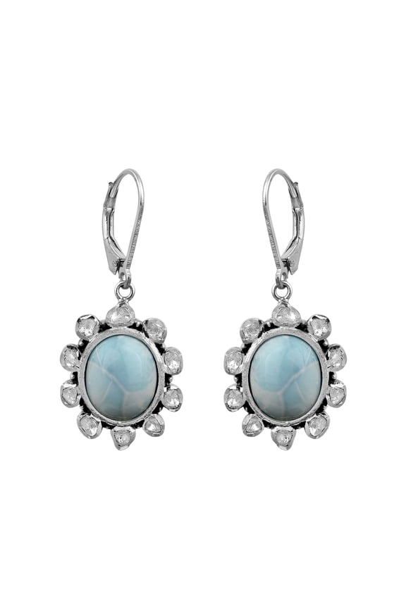 1.00 CTW Slice Polki Diamond, Oval shape Natural Larimar Gemstone Teardrop Earrings, 925 Sterling Silver Platinum Plated