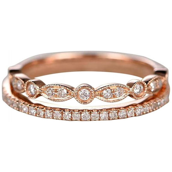1.00 Carat 2 pcs man made diamond moissanite Wedding Ring Set Stacking Curved Design art deco Ring set in Sterling Silver and 18k Rose Gold Plating