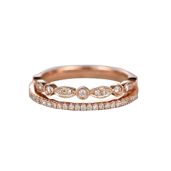 1.00 Carat 2 pcs man made diamond moissanite Wedding Ring Set Stacking Curved Design art deco Ring set in Sterling Silver and 18k Rose Gold Plating