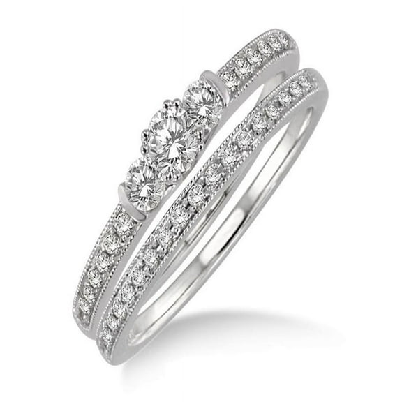 1.00 Carat Antique Three Stone Bridal Set With Round Cut Diamond Moissanite In 10K White Gold, Promise Ring, Anniversary Ring